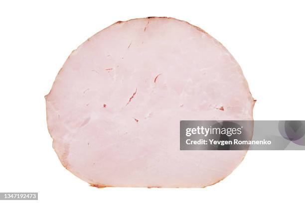 slice of ham isolated on white background - scheibe portion stock-fotos und bilder