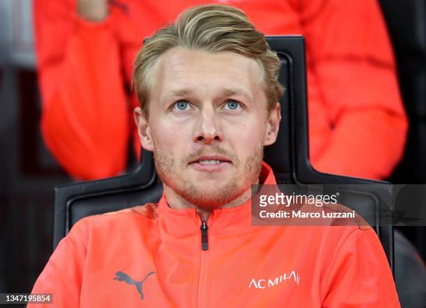Simon Kjaer of AC Milan looks on before during the Serie A match between AC Milan and Hellas Verona FC at Stadio Giuseppe Meazza on October 16, 2021...