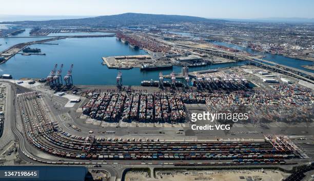 Aerial view of containers waiting at Port of Long Beach to be loaded onto trains and trucks on October 16, 2021 in Long Beach, California.