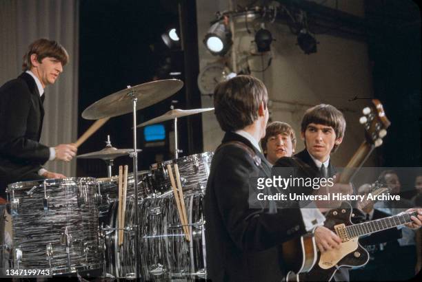 English Rock Band The Beatles, from left Ringo Starr, Paul McCartney, John Lennon, George Harrison, performing on the Television Variety Series, "The...