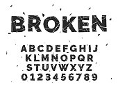 Broken alphabet. Crash font, capital latin letters and numbers, crack style english abc, smashed fragments, text design, chopped type, glass or ice pieces, black silhouette vector isolated set
