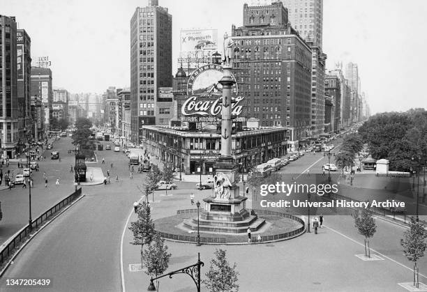 Columbus Circle looking north, Broadway on left, Central Park West on right, New York City, New York, USA, Angelo Rizzuto, August 1952.