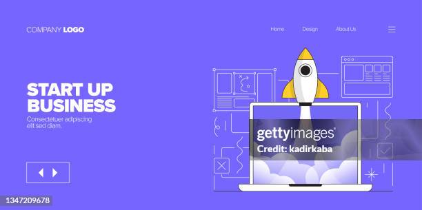 ilustrações de stock, clip art, desenhos animados e ícones de start up business concept for landing page, website banner, online advertising, advertising and marketing material - festa de lançamento