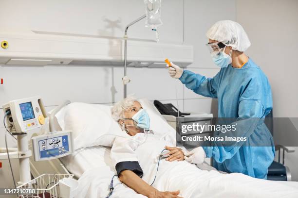 doctor checking woman in icu during pandemic - patient on ventilator fotografías e imágenes de stock