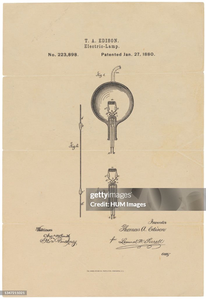 This is the printed patent drawing for the incandescent light bulb invented by Thomas A. Edison. 1880