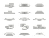 Podium realistic. Geometrical 3d round and square empty podium decent vector templates collection isolated