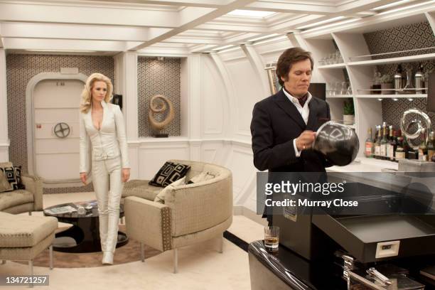 American actors January Jones as Emma Frost and Kevin Bacon as Sebastian Shaw in a scene from the film 'X-Men: First Class', 2011.