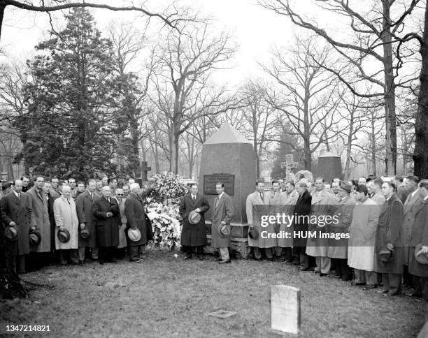 Baseball players, managers and President Roosevelt laying a wreath at the grave of baseball founder Abner Doubleday circa 1939.