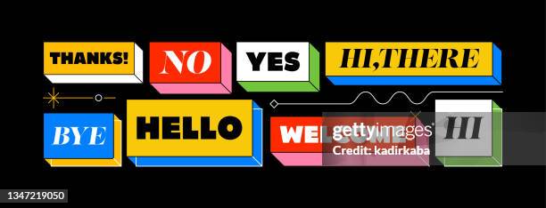 speech bubbles short phrases, great, yes, omg, wow, thank you, ok, welcome, nice - sticker stock illustrations