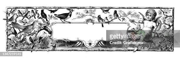 cupid with arrow in the spring with birds 1897 - baby angel wings stock illustrations