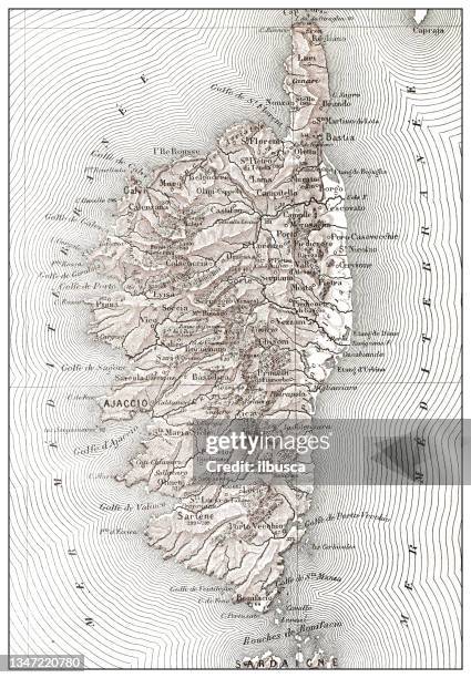 stockillustraties, clipart, cartoons en iconen met antique french map of corse (département) - corse du sud