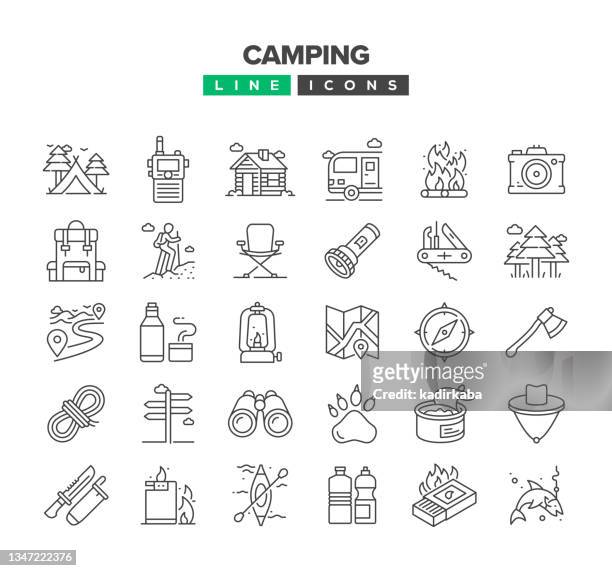 illustrazioni stock, clip art, cartoni animati e icone di tendenza di set di icone camping line - axe