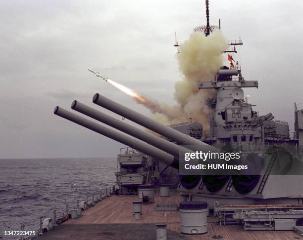 The battleship USS IOWA launches a Harpoon anti-ship cruise missile during Fleet Exercise 2-86..