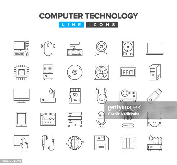 stockillustraties, clipart, cartoons en iconen met computer technology line icon set - computer speaker