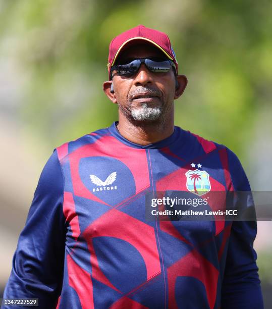 Phil Simmons, coach of the West Indies looks on during the Pakistan and West Indies warm Up Match prior to the ICC Men's T20 World Cup at on October...