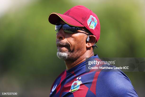 Phil Simmons, coach of the West Indies looks on during the Pakistan and West Indies warm Up Match prior to the ICC Men's T20 World Cup at on October...