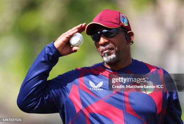 Phil Simmons, coach of the West Indies looks on during the Pakistan and West Indies warm Up Match prior to the ICC Men's T20 World Cup at on October...