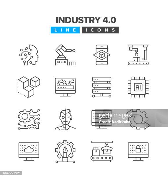 industry 4.0 line icon set - manufacturing equipment stock illustrations