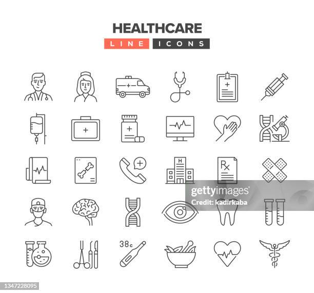 ilustraciones, imágenes clip art, dibujos animados e iconos de stock de conjunto de iconos de línea de atención médica - medical examination