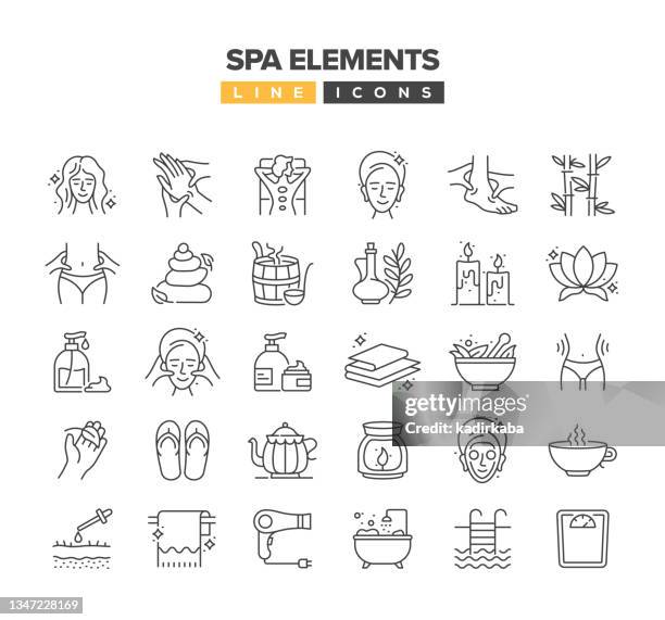 ilustraciones, imágenes clip art, dibujos animados e iconos de stock de conjunto de iconos de línea spa elements - masaje facial