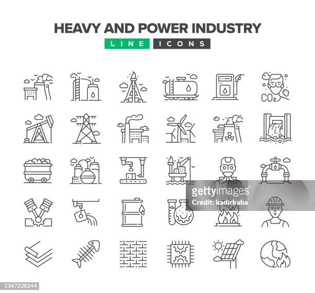 illustrazioni stock, clip art, cartoni animati e icone di tendenza di set di icone della linea heavy e dell'industria elettrica - miniera