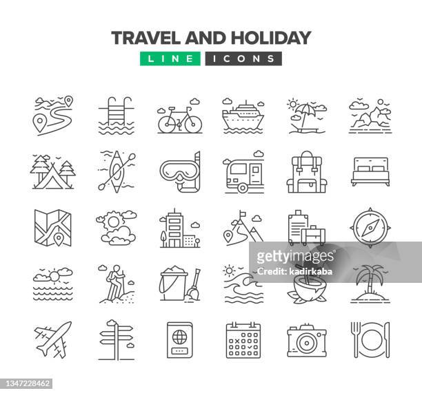 ilustraciones, imágenes clip art, dibujos animados e iconos de stock de conjunto de iconos de línea de viaje y vacaciones - mochilero