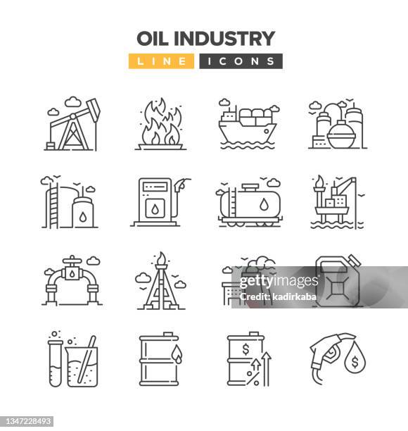 illustrazioni stock, clip art, cartoni animati e icone di tendenza di set di icone della linea per l'industria petrolifera - barile di metallo