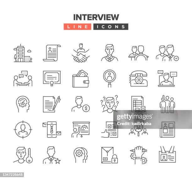 interview line icon set - befragung stock-grafiken, -clipart, -cartoons und -symbole