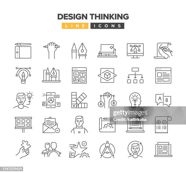 ilustraciones, imágenes clip art, dibujos animados e iconos de stock de conjunto de iconos de línea design thinking - storyboard