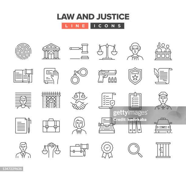 ilustraciones, imágenes clip art, dibujos animados e iconos de stock de conjunto de iconos de la línea ley y justicia - judiciary committee