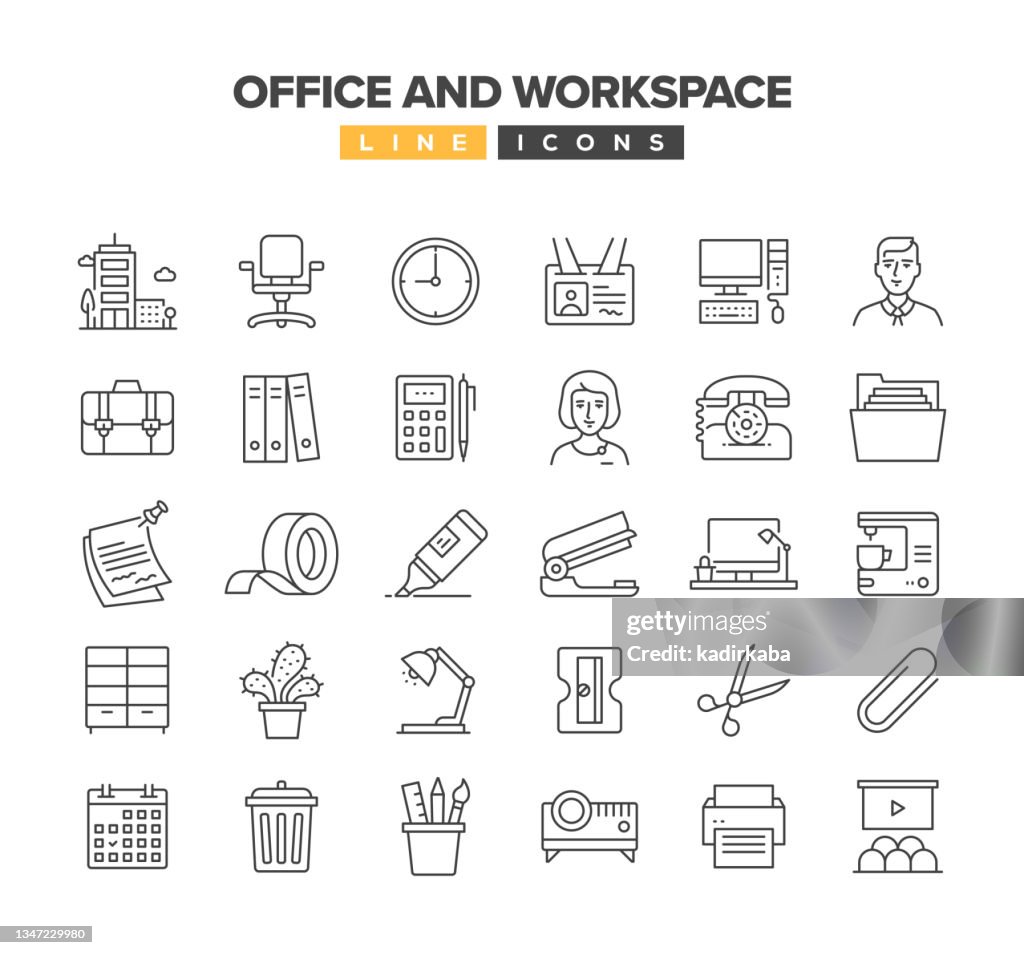 Set di icone della linea di Office e dell'area di lavoro