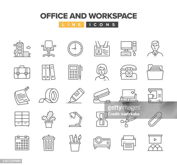 ilustrações, clipart, desenhos animados e ícones de conjunto de ícones da linha office e workspace - porta caneta
