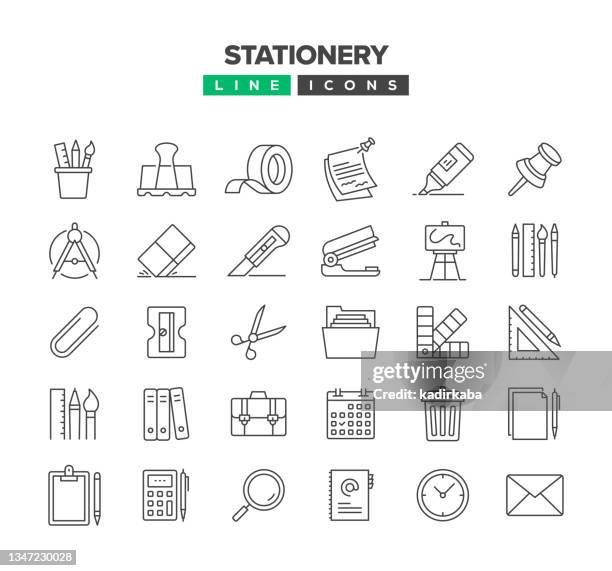 stockillustraties, clipart, cartoons en iconen met stationery line icon set - pencil sharpener