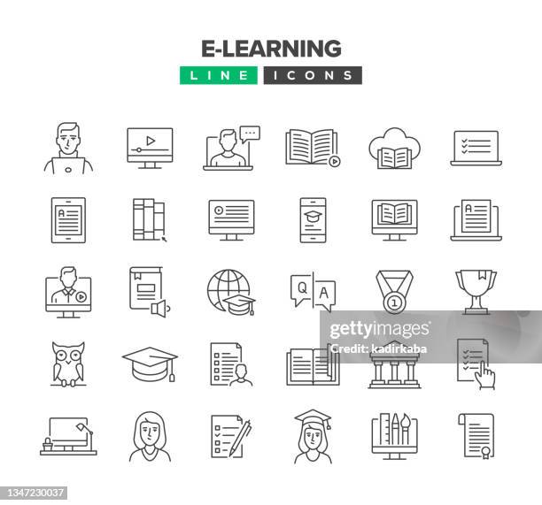 e-learning line icon set - scientific literature stock-grafiken, -clipart, -cartoons und -symbole