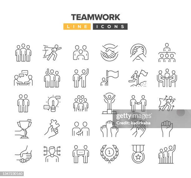 illustrazioni stock, clip art, cartoni animati e icone di tendenza di set di icone della linea di lavoro di squadra - incoraggiamento