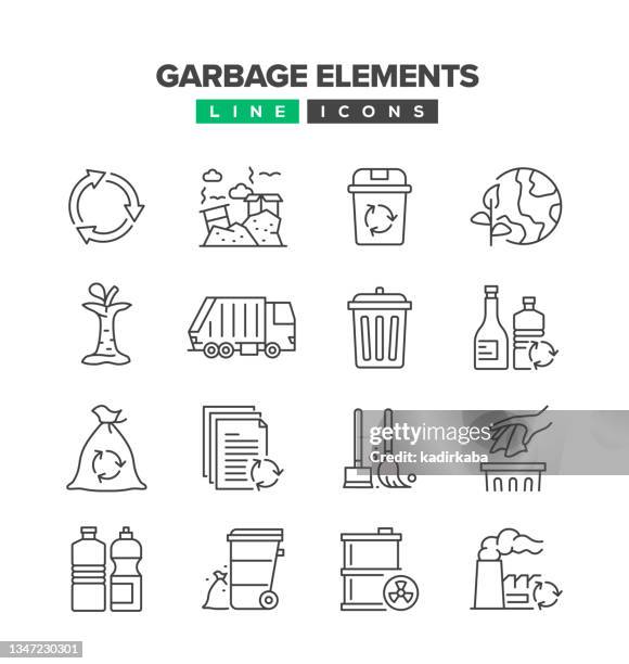 stockillustraties, clipart, cartoons en iconen met garbage elements line icon set - afvalcontainer