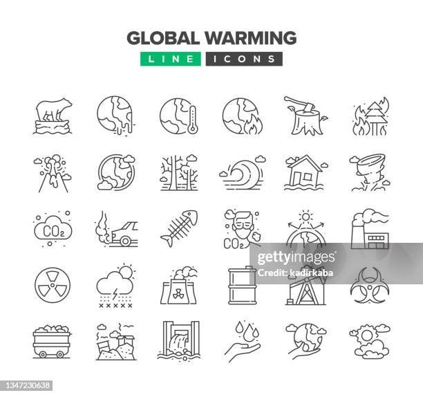 illustrazioni stock, clip art, cartoni animati e icone di tendenza di set di icone della linea di riscaldamento globale - meteo estremo