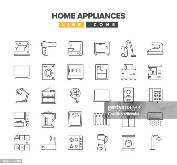 home appliances line icon set - electric heater stock illustrations