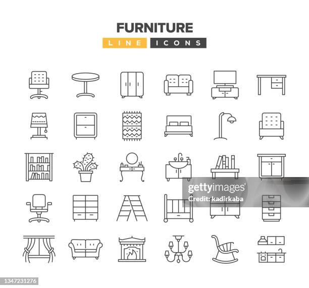 furniture line icon set - buffet table stock illustrations