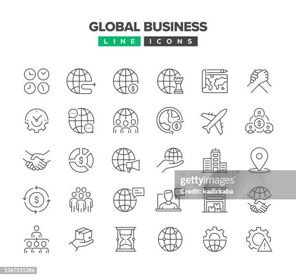 ilustraciones, imágenes clip art, dibujos animados e iconos de stock de conjunto de iconos de línea de negocio global - globalization economy