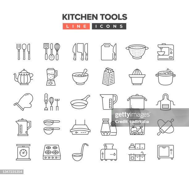 bildbanksillustrationer, clip art samt tecknat material och ikoner med kitchen tools line icon set - serveringsredskap