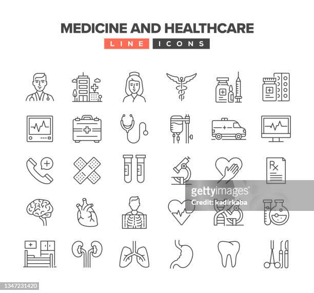 illustrazioni stock, clip art, cartoni animati e icone di tendenza di set di icone della linea medicina e sanità - medical symbol