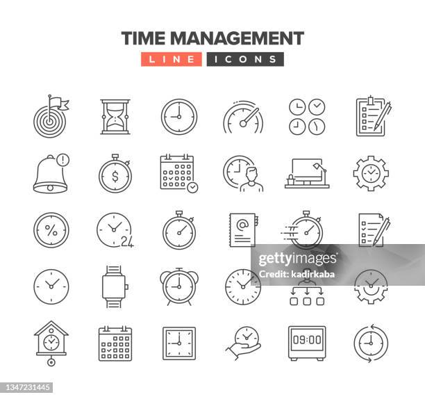 time management line icon set - wall clock stock illustrations