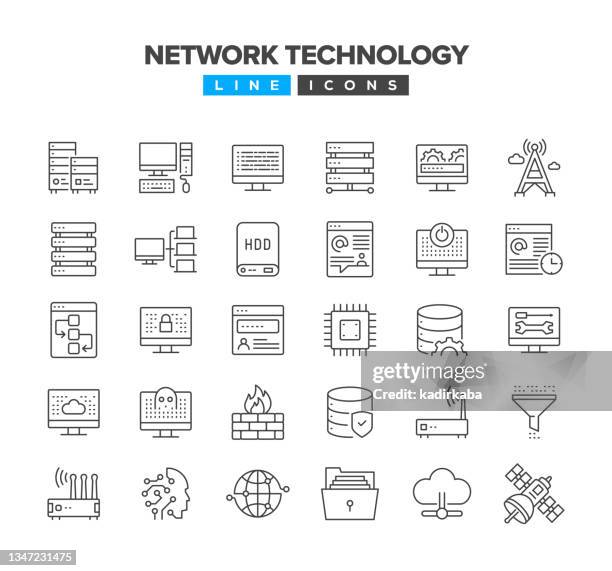network technology line icon set - communications tower editable stock illustrations