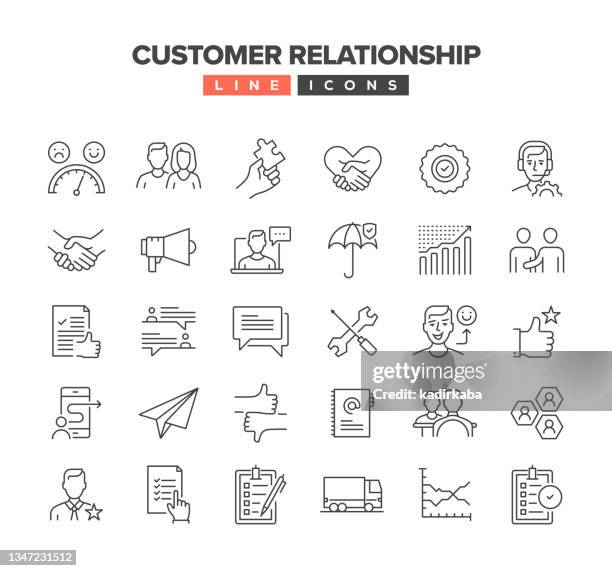 customer relationship line icon set - customer engagement icon stock illustrations