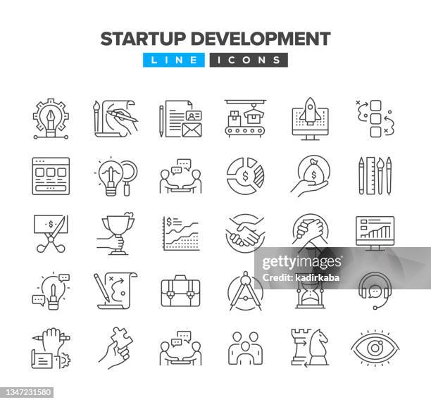 startup development line icon set - private equity stock illustrations