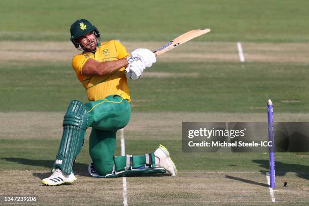 Aiden Markram of South Africa sweeps during the Afghanistan and South Africa warm Up Match prior to the ICC Men's T20 World Cup at on October 18,...