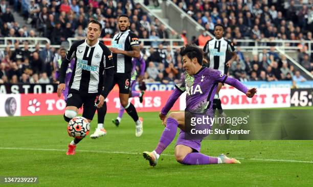 Heung-Min Son of Spurs scores the third Tottenham goal during the Premier League match between Newcastle United and Tottenham Hotspur at St. James...