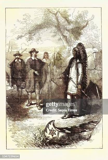Edward Winslow's Visit to Massasoit, Who Was the Sachem, or Leader, of the Wampanoag, and Massasoit of the Wampanoag Confederacy, US, USA, 1870s...