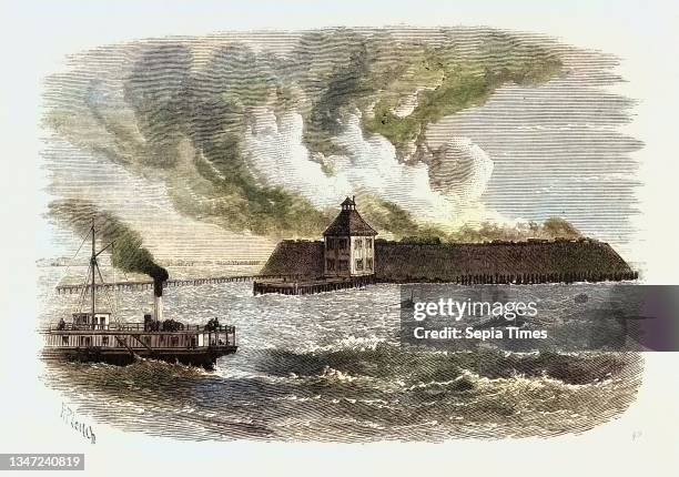 Destruction of Fort Ocracoke, United States of America, US, USA, 1870s Engraving.